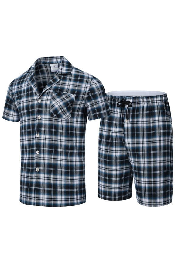 Mens Cotton Pajama Sets Short Sleeve Sleepwear Button Down Loungewear Pjs with Pockets