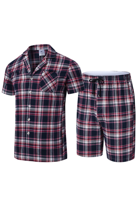 Mens Cotton Pajama Sets Short Sleeve Sleepwear Button Down Loungewear Pjs with Pockets