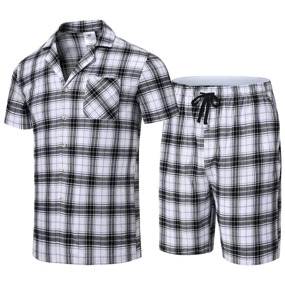 Xibflo Mens Cotton Pajama Sets Short Sleeve Sleepwear Button Down Loungewear Pjs with Pockets