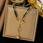 Yunc Two pairs of Chic 18K Gold-Plated Circle Pendant Necklace for Women - Trendy, Versatile, & Unique Hip-Hop Style with Black Leather