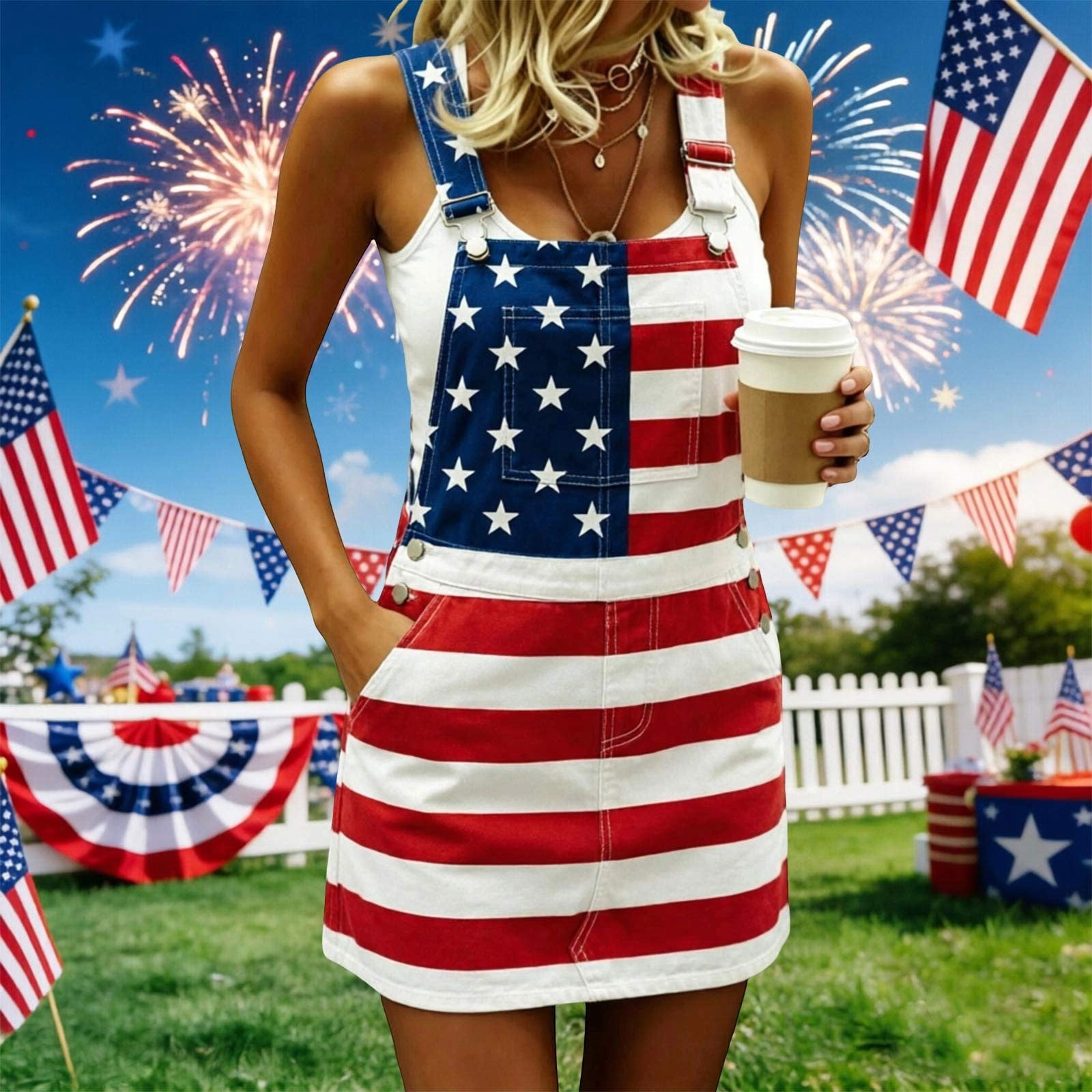 casual 4th of july dress women Yuncity 4Th Of July Dress For Women Print Denim Overall Dress Summer  Sleeveless Casual Party Holiday Backpack Dress Womens American Flag Dress  Pink 3Xl