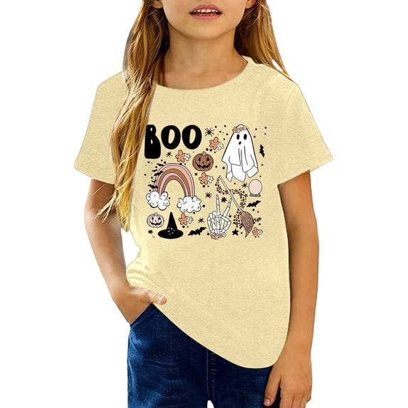 Yuncity Boys Girls Halloween Tshirts Cute Pumpkin Graphic Print Tees Summer School Casual Short Sleeve Outdoor Activities Tops Size 3-4 Years