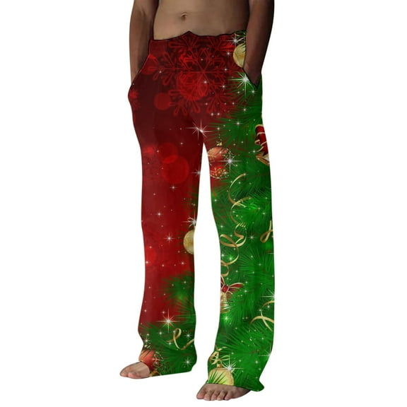 Yuncity Christmas Pajama Pants Men Male Autumn Winter Xmas Home Pants Fully Printed Cordless Pocket Holiday Celebration Loungewear Bottoms Green M