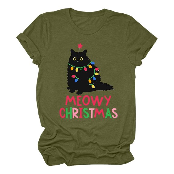 Yuncity Christmas T Shirts For Women Cat Print Cute Meowy Xmas Oversize Tshirts Summer Fall Crew Neck Short Sleeve Fashion Soft Casual Outdoor Activities Tops Size L Army Green