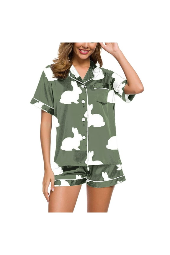 Easter Day Pajamas Women 2 Piece Short Sleeve Cute Bunny Print Button Down Shirt With Shorts Set Silk Satin Sleepwear Loungewear Soft Comfortable Breathable Pjs S-Xxl
