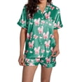 thumbnail image 1 of Yuncity Easter Pajamas For Women Set Silk Satin Heart Shaped Rabbit Short Sleeve Button Down Shirt Shorts Pjs Loungewear Sleepwear Dark Green Xl, 1 of 5