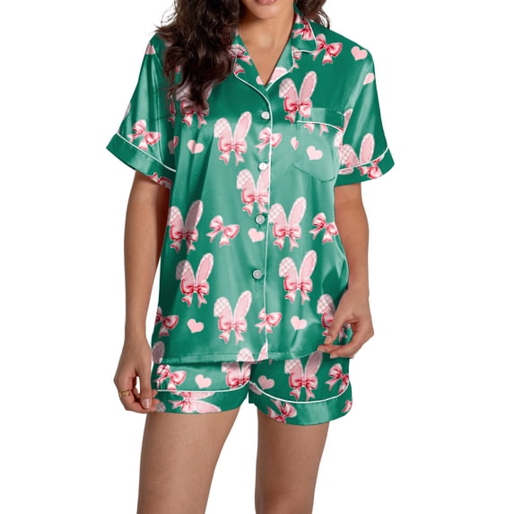 Yuncity Easter Pajamas For Women Set Silk Satin Heart Shaped Rabbit Short Sleeve Button Down Shirt Shorts Pjs Loungewear Sleepwear Dark Green Xl