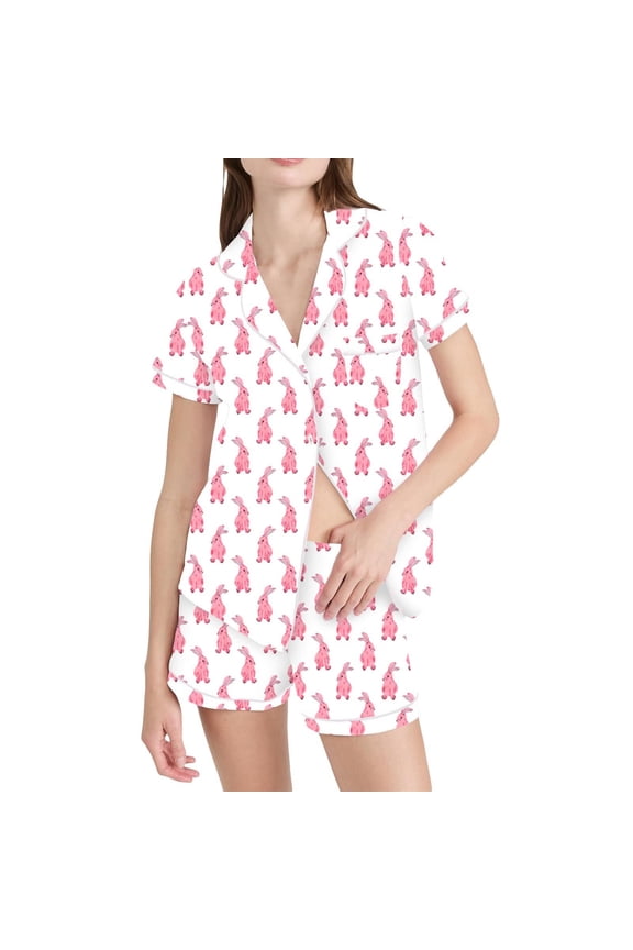 Easter Pajamas Women 2 Piece Short Sleeve Cute Bunny Print Button Down Shirt With Shorts Set Silk Satin Sleepwear Loungewear Soft Comfortable Breathable Pjs S-Xxl