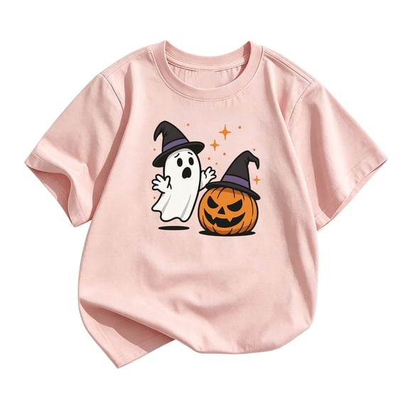 Yuncity Girl Halloween Shirts Ghost Pumpkin Graphic Print Tshirts Summer Short Sleeve Crewneck Fashion Soft Casual Festive Holiday Wear Pink