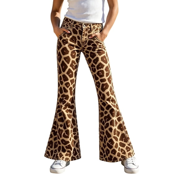 Yuncity Girls Animal Print Flare Pants Fall Winter Funny Print Casual Retro High Waist Bell Wide Leg Trousers,Size 5-16 Years Coffee