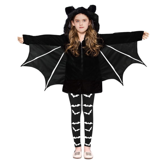 Yuncity Girls Halloween Bat Costume With Wings Funny Print Fall Winter Soft Comfy Holiday Cosplay Party Hooded Outfit,Size 3-11 Years Black