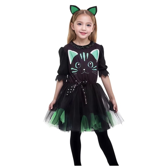 Yuncity Girls Halloween Black Cat Outfit Set 3/4 Sleeve Cute Tutu Dress With Ear Headband Holiday Cosplay Party 2 Piece Sets,Size 3-9 Years Black