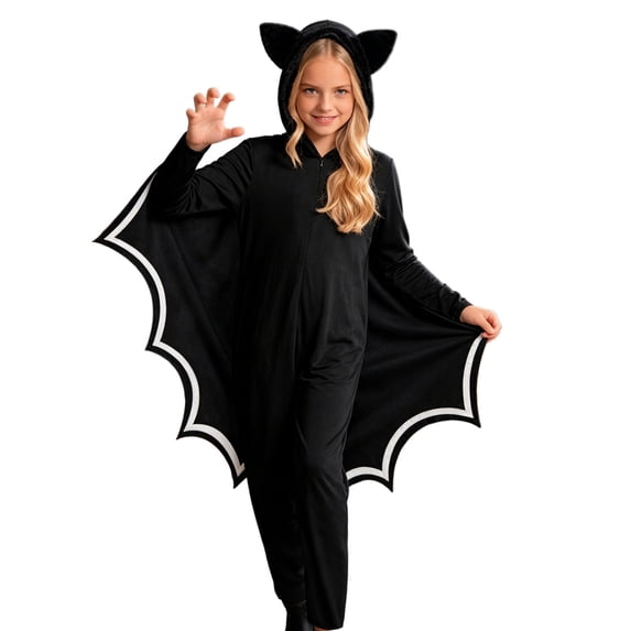 Yuncity Girls Halloween Costume Hooded With Bat Wings Cute Role Play Outfit For Kids Holiday Party Cosplay Clothes,Size 4-10 Years Black