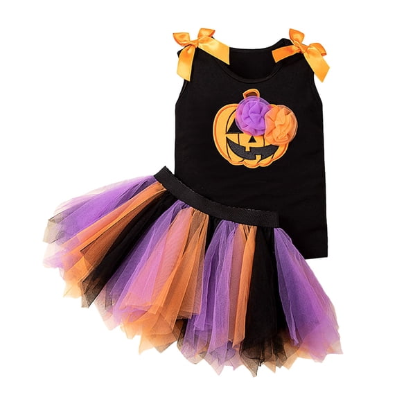 Yuncity Girls Halloween Outfit Sets Pumpkin Tutu Dress 2 Piece Sleeveless Tank Top Color Block Irregular Tulle Skirt Holiday Party Role Play 2 Piece Clothes Size 3-4 Years