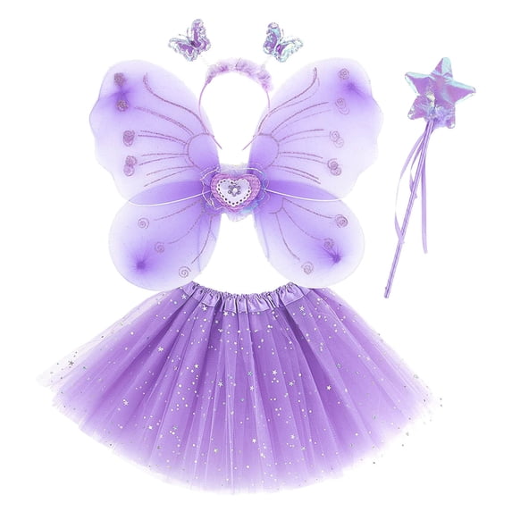 Yuncity Girls Halloween Outfit Sets Tulle Tutu Skirt Butterfly Wings Headband Wand Kids Holiday Party Role Play 4 Piece Clothes Size 3-10 Years