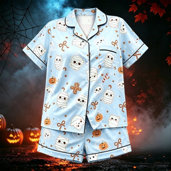 Yuncity Girls Halloween Pajamas Cute Ghost Print Pjs Summer Fall Button Down Short Sleeve Top Shorts 2 Piece Casual Cozy Festival Party Nightwear,Size 2-16 Years Light Blue