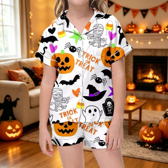 Yuncity Girls Halloween Pajamas Funny Print Button Down Short Sleeve Top Shorts 2 Piece Sleepwear Summer Fall Casual Cozy Festival Party Nightwear,Size 0-13 Years White