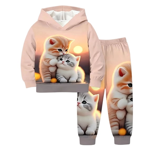 Yuncity Girls Hoodie Sets Fall Pullover Long Sleeve Tracksuit Floral Cat Print Kids Fashion Sweatshirt Jogger Two Piece Outfit Comfortable Sweatsuit Size 7-8 Years Khaki