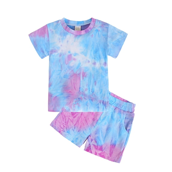 Yuncity Girls Outfit Set Tie‑Dye Print Crew Neck Short Sleeve Pullover Top And Elastic Waist Shorts With Side Pockets Kids Clothes Sets Size 9-12 Months Blue
