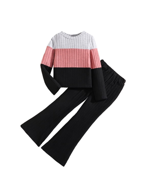Girls Outfits Fall Winter Two Piece Crew Neck Long Sleeve Ribbed Knit Top And High Waist Flared Pants Knit Loungewear Set Daily Fashion Wear Size 7-8 Years Black