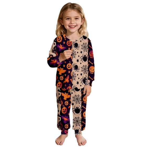 Yuncity Girls' Pajama Sets Halloween Autumn Winter Long Sleeve Jammies Cute Printed Casual Pjs Cozy Comfortable Loungewear Size 2-3 Years Orange