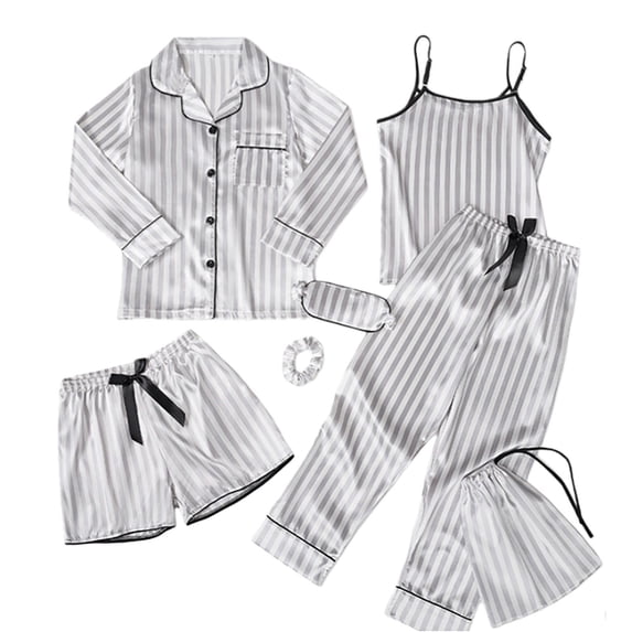 Yuncity Girls Pajamas Girls Silk Pajama 7 Piece Striped Sleepwear Loungewear Outfit For Kids Comfortable Nightwear Size 5-6 Years
