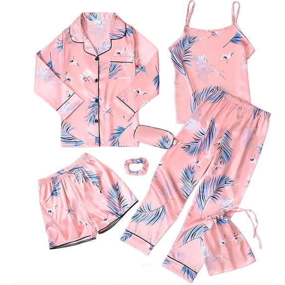 Yuncity Girls Pajamas Girls Silk Pajama 7 Piece Striped Sleepwear Loungewear Outfit For Kids Comfortable Nightwear Size 8-9 Years