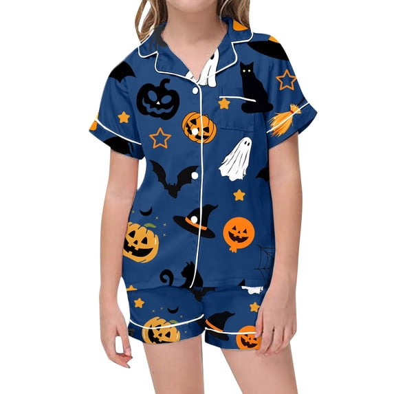 Yuncity Girls Pajamas Halloween Print Jammies Soft Satin Sleepwear Long Sleeve Comfortable Nightwear Outfit Party Loungewear Size 12-13 Years Blue