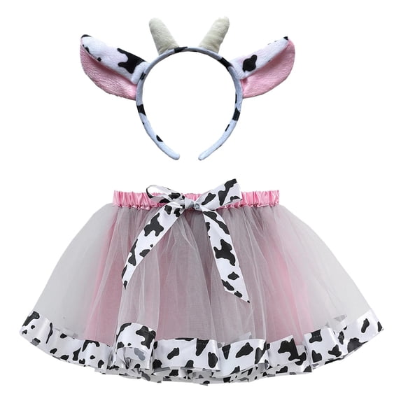 Yuncity Girls Skirts Cow Print High Waist Elastic Knotbow Tutu Summer Cute Casual Outdoor Daily Wear Kids Skirts Size 6-8 Years Grey