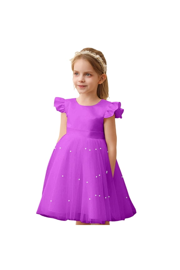 Girls Skirts Flutter Sleeve Crew Neck Solid Color Tutu Mesh Summer Elegant Club Party Formal Wear Girl's Skirts Size 7-9 Years Purple