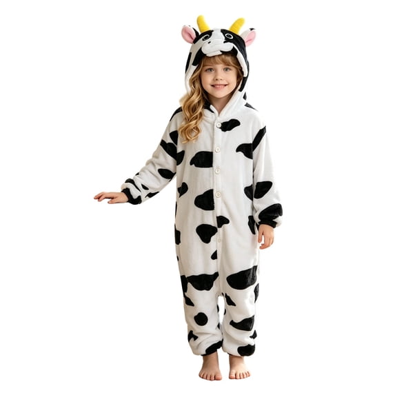 Yuncity Girls Sleepwear Cow Animal Fleece Onesie Pajamas Zip Up Hooded Jumpsuit Halloween Cosplay Winter Warm Home Loungewear Size 2-3 Years