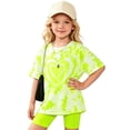 thumbnail image 1 of Yuncity Girls Summer 2 Piece Matching Outfit Crew Neck Heart Print Loose Short Sleeve Top And Slim‑Fit Shorts Casual Kids Clothes Set Size 7-8 Years Green, 1 of 3
