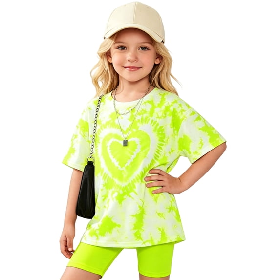 Yuncity Girls Summer 2 Piece Matching Outfit Crew Neck Heart Print Loose Short Sleeve Top And Slim‑Fit Shorts Casual Kids Clothes Set Size 7-8 Years Green