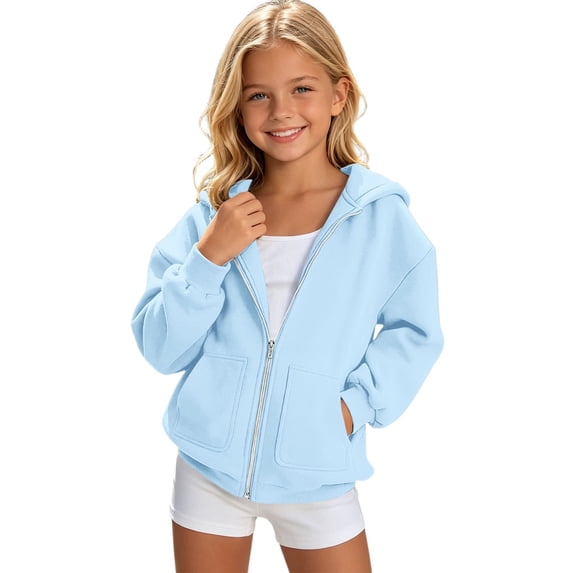 Yuncity Girls Sweatshirt Winter Solid Color Zip Up Hooded Jacket With Front Pockets Comfortable Daily Casual Wear Size 12-13 Years