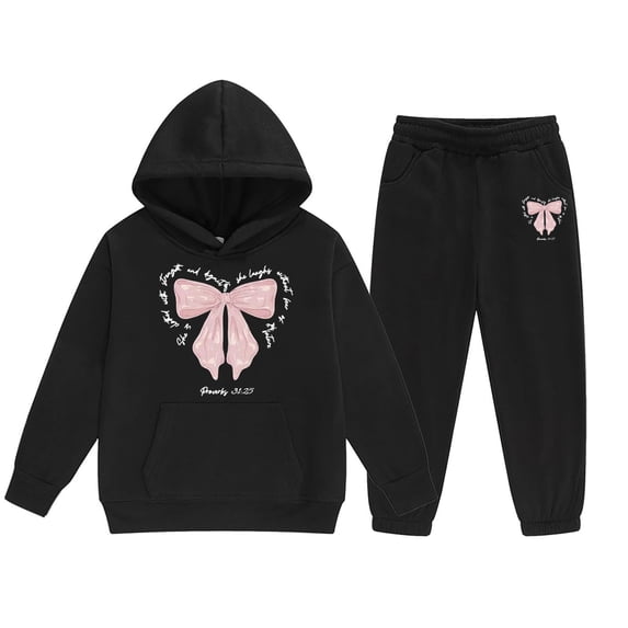 Yuncity Girls Sweatsuit Winter Hoodie And Joggers Comfy Casual Sweatshirts Bow Graphic 2 Piece Outfits Set Comfortable Tracksuit Size 2-3 Years Black