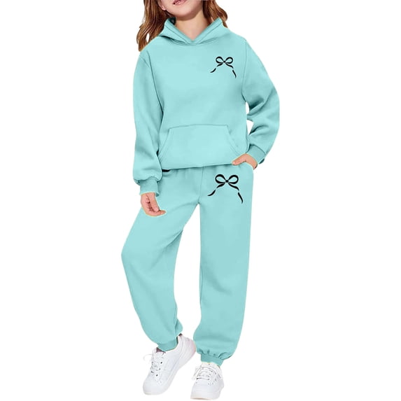 Yuncity Girls Tracksuit Fall Winter Pullover Long Sleeve Bow Graphic Hoodie With Pockets Outfit Fashionable Two Piece Comfy Loungewear Daily Wear Kids Size 2-3 Years Mint Green