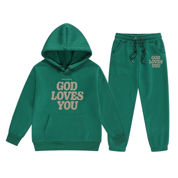 Yuncity Girls Tracksuit Winter Long Sleeve Letter Print Hoodie And Joggers Comfy Casual Kids Clothes With Stylish 2 Piece Sweatsuit Sets Size 10-11 Years Dark Green