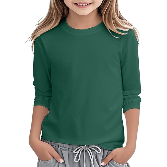 Yuncity Girls Tshirts Solid Color Long Sleeve Crew Neck Lightweight Summer Classic Comfortable Outdoor Daily Wear Kids T-Shirts Size 14-16 Years Dark Green