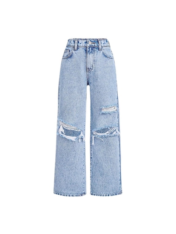 Girls Wide Leg Jeans Ripped Design Casual Cool Street Style Girls Denim Pants Size Light Blue