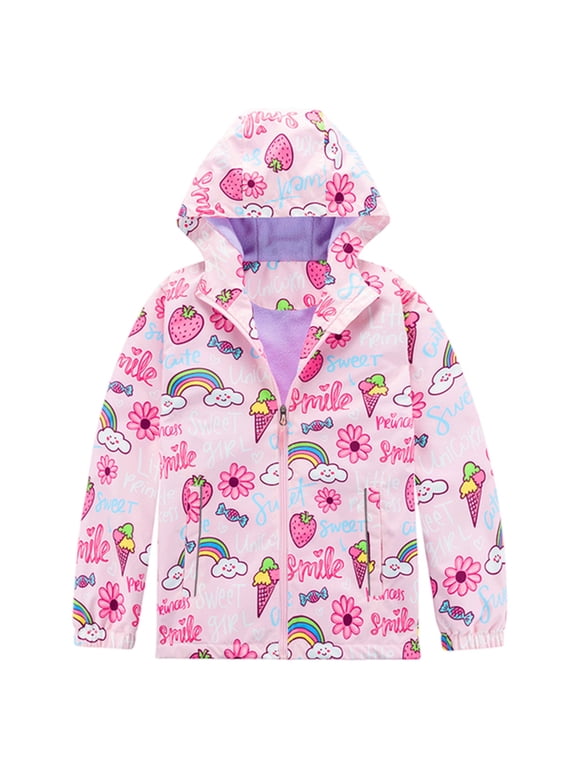 Girls Windbreaker Rain Jacket Rainbow Print With Hood Outdoor Raincoat For Children Lightweight Coat Fashion Outdoor Activity Outerwear