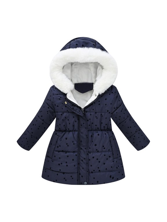 Girls Winter Jackets Star Pattern Hooded Coat Thicken Windproof Zipper Warm Outwear Fashion Light Activity Wear Outerwear