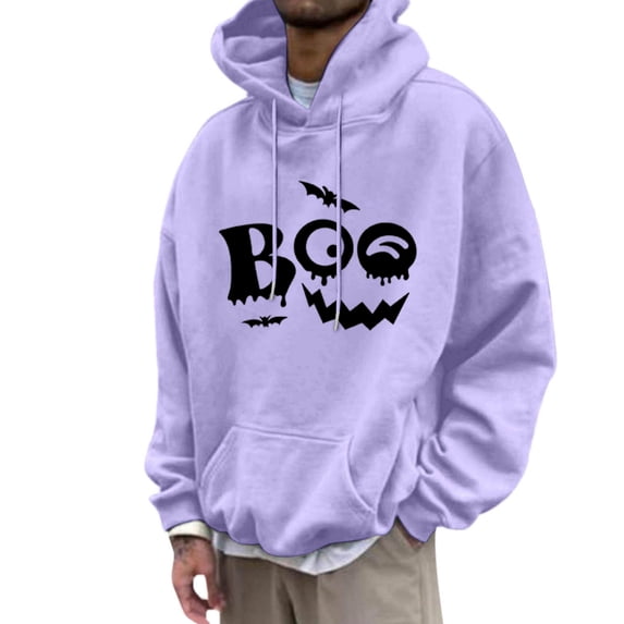 Yuncity Halloween Hoodie Men Letter Print Pullover Sweatshirt Casual Warm Lined Hooded For Fall Winter Comfort Casual Tops Size M Purple