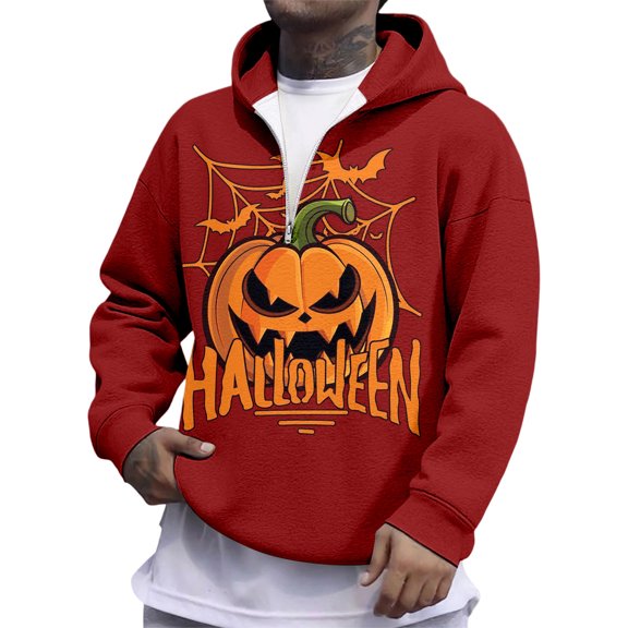 Yuncity Halloween Hoodie Men Print Half Zip Double Layer Hooded Pullover Casual Warm Lined Fall Winter S Red Hoodies Men