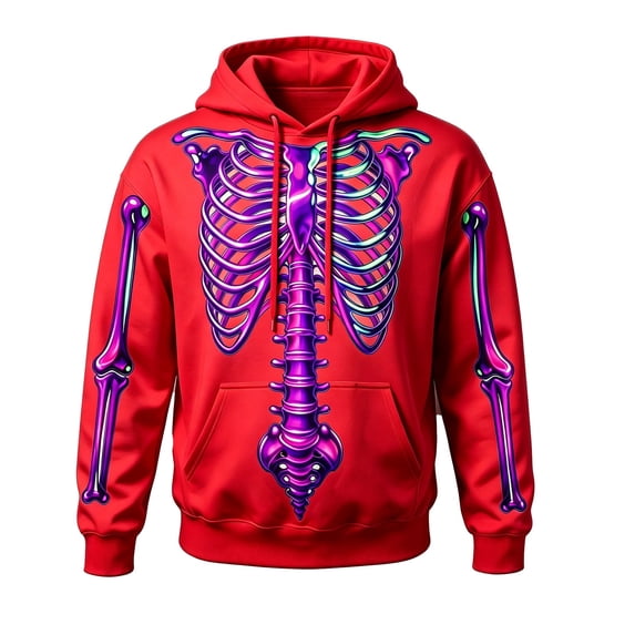 Yuncity Halloween Hoodie Men Skeleton Print Halloween Sweatshirt Long Sleeve Pullover Casual Warm Clothes Comfortable Tops Size L Red
