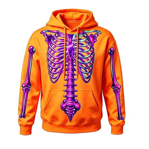 Yuncity Halloween Hoodie Men Skeleton Print Halloween Sweatshirt Long Sleeve Pullover Casual Warm Clothes Comfortable Tops Size M Orange
