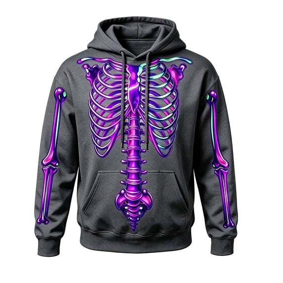 Yuncity Halloween Hoodie Men Skeleton Print Halloween Sweatshirt Long Sleeve Pullover Casual Warm Clothes Comfortable Tops Size S Dark Gray