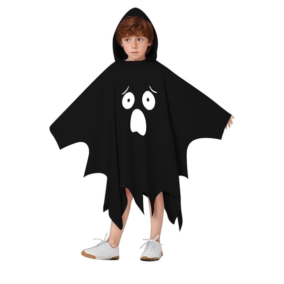 Yuncity Halloween Kids Cape Ghost Face Hooded Sleeveless Cloak Casual Soft Loose Fit Fall Winter Poncho Holiday Party Cosplay Clothes Black