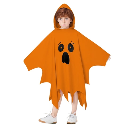 Yuncity Halloween Kids Cape Ghost Face Hooded Sleeveless Cloak Casual Soft Loose Fit Fall Winter Poncho Holiday Party Cosplay Clothes Orange
