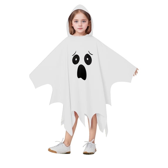 Yuncity Halloween Kids Cape Ghost Face Hooded Sleeveless Cloak Casual Soft Loose Fit Fall Winter Poncho Holiday Party Cosplay Clothes White