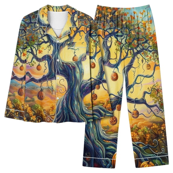 Yuncity Halloween Pajama Women Ladies' Hallowmas Pantsuit Set Long Sleeve 2 Piece Lapel Button Down Soft Pajamas Sleepwear Yellow M